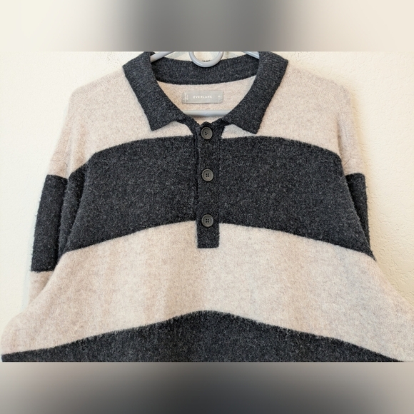 Everlane Black Cream Stripe Stretch Wool Rugby Polo Sweater XL Machine Washable - Picture 6 of 10